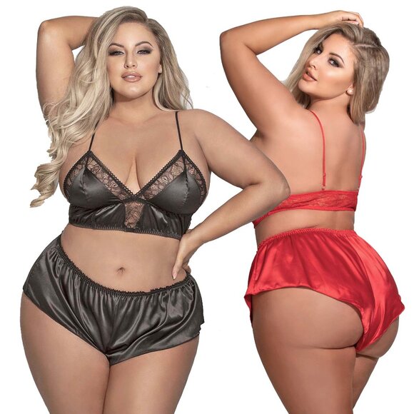 Satin Pajama Set Womens Plus Size 1x 2x Black or Red Bralette Bra - Picture 1 of 11